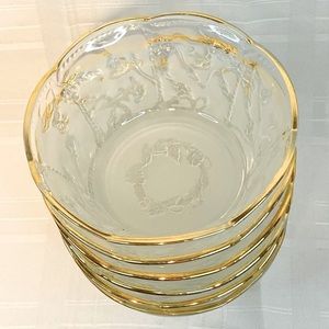 Set 6 Vintage Kig Indonesia Frosted Clear Glass Bowls Floral Pattern Gold Rim